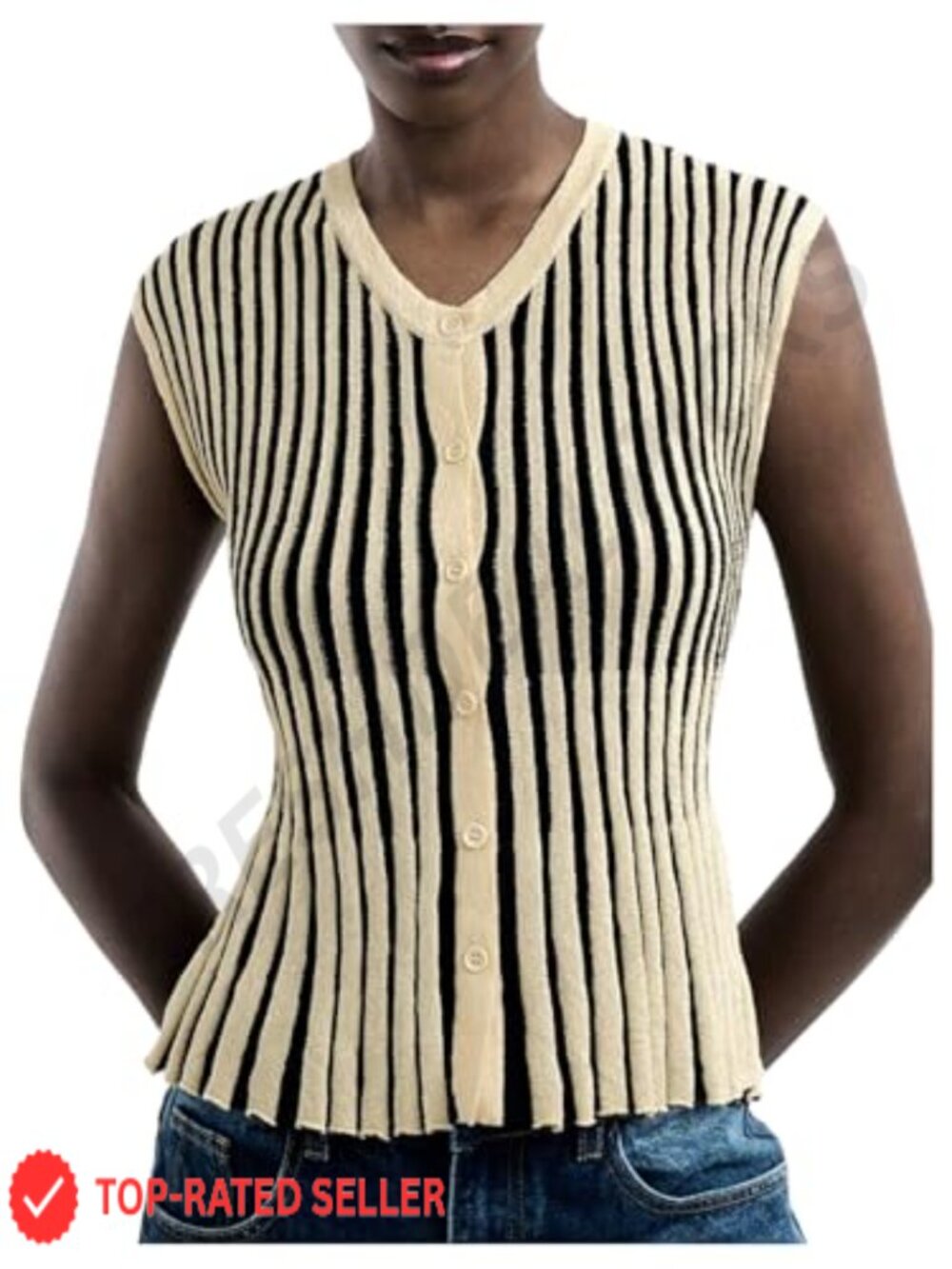 Women's Striped Knit Sweater Vest Button Down V Neck Sleeveless Cardigan